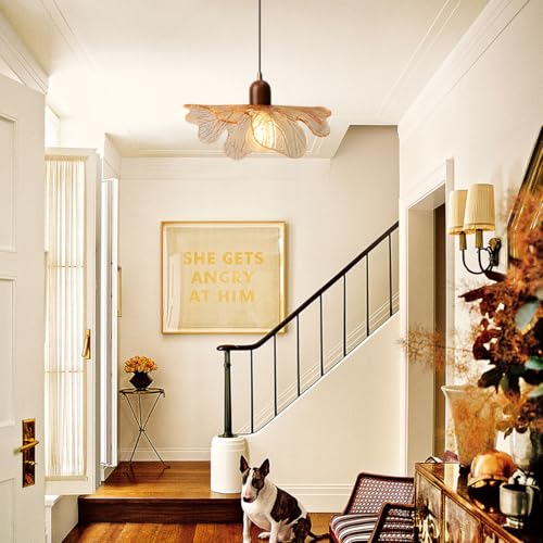 Amber Glass Pendant Light Vintage Kitchen Island Over Hanging Lights 13-inch Glass Shade Natural Wood Chandelier for Living Room Dining Room Bedroom, 1-Light - color: Amber, 1 Light