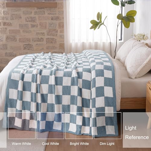 Exclusivo Mezcla Checkered Twin Size Knit Blanket for Bed, Ultra Soft and Warm Reversible Woven Blankets, Cozy Snuggly Throw for Couch Bed and Home Decor, Stone Blue, 60"x80" - color: Stone Blue, size: Twin (60"x80")
