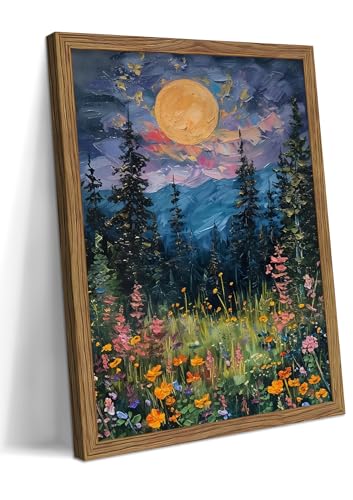 Framed Nature Forest Canvas Wall Art, Full Moon above Wildflowers and Woodland Painting, Midnight Floral Trees Art Print, Farmhouse Nature Wall Decor for Bedroom Living Room 8x10 inch - color: Ink Landscape Painting, size: 10"L x 8"W