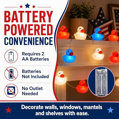 Deekin 20 LED 9.8ft Patriotic Rubber Duck 4th of July Decor LED String Light Battery Operated Red White Blue Duck Fairy Light for Independence Day Bedroom Home Wall Window Yard Decor - color: Red White Blue, size: Patriotic Duck
