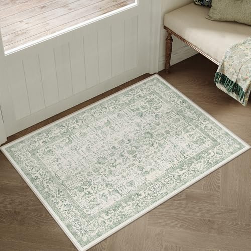PureCozy Sage Green Area Rug 2x3 Washable Vintage Distressed Entryway Carpet Non Slip Neutral Door Mat Low Pile Retro Floral Farmhouse Accent Throw Small Rug for Bathroom Laundry Kitchen Dining Room - color: Accent Sage Green, size: 2' x 3' (Rectangular)