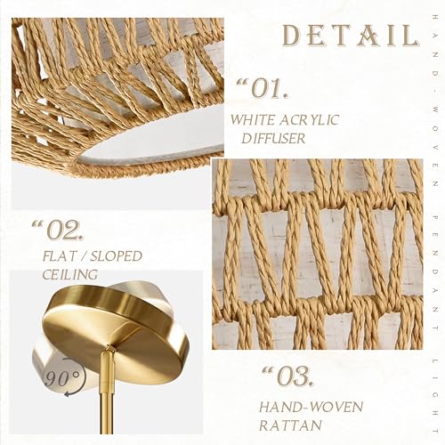 12.6 inch Natural Rattan Light Fixture Woven Pendant Lights Rustic Light Fixtures Fabric Shade Boho Chandelier for Dinning Room Kitchen (Bulb Incl.) - color: 12.6"-Natural-Prism