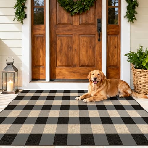 Washable Checkered Easy Jute Rug 3x5, Black Grey Plaid Checkerboard Boho Outdoor Indoor Patio Small Rugs, Woven Non Slip Thin Neutral Carpet Door Mat for Bedroom Entryway Front Door Farmhouse - color: Checkerboard -2 Black Grey, size: 3' x 5'