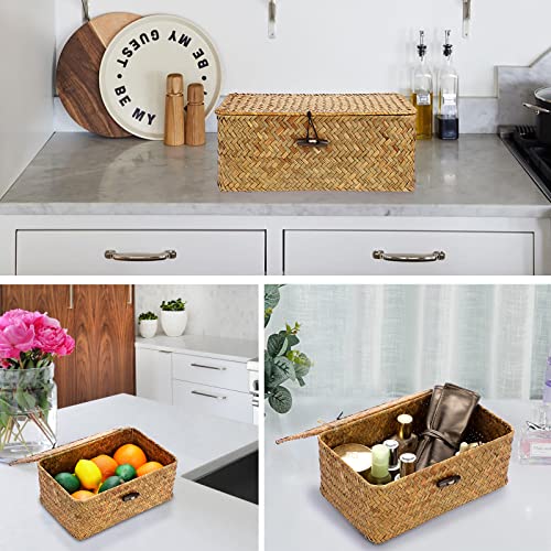 Hipiwe Wicker Shelf Baskets Bin with Lid, Handwoven Seagrass Basket Storage Bins Rectangular Household Basket Boxes for Shelf Wardrobe Home Organizer, Caramel Small - color: Caramel, size: Small