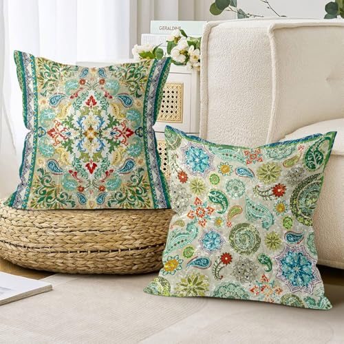 Boho Oriental Mandala Floral Throw Pillow Covers 18x18 Inch Set of 4 Vintage Paisley Geometric Flower Leaves Cushion Covers Home Decor for Couch Cushion Cases - color: Green