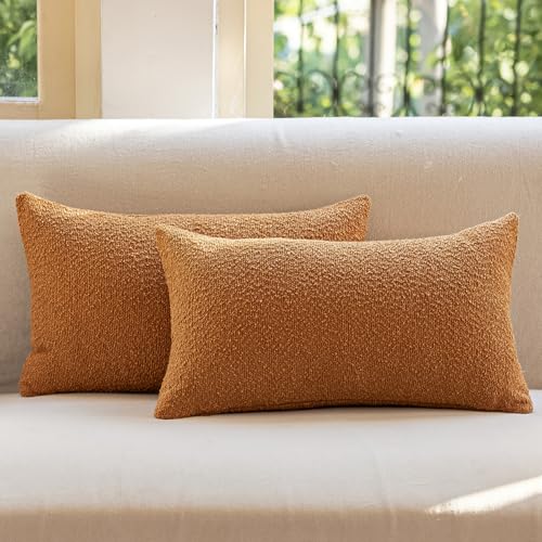 GEEORY Decorative Throw Pillow Covers 12x20 Inch Pack of 2,Textured Boucle Neutral Lumbar Cushion Cases for Bed Couch Sofa, Accent Mordern Farmhouse & Minimalist Home Decor (Orange) GE04-12 - color: Orange, size: 20" x 12" (Pack of 2)