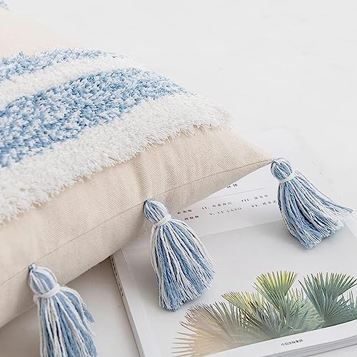 Boho Tufted Throw Pillow with Tassels, Country Thick Striped Style Soft Cushion Cover Decor wuth Zipper for Chair Bed Couch Living Room (Light Blue,12" x 20") - color: Light Blue, size: 12" x 20"