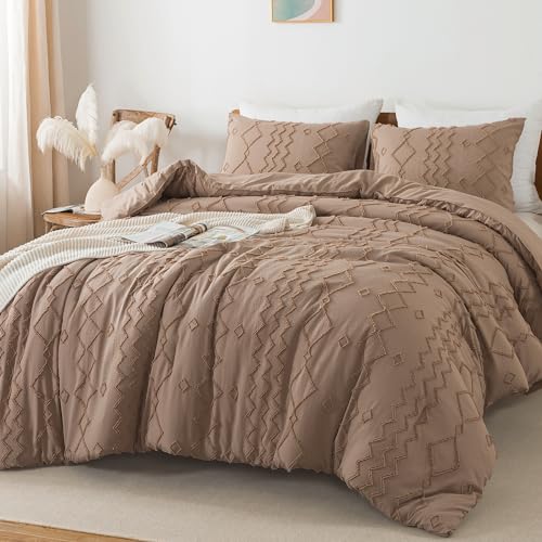 Andency Taupe Tufted Comforter Set Full(79x90Inch), 3 Pieces(1 Boho Comforter, 2 Pillowcases) Textured Farmhouse Bed, Soft Down Alternative Geometric Bedding Set - color: 06 - Taupe, size: Full (79"x90")