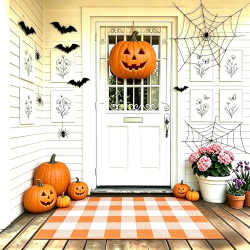 MUBIN Cotton Buffalo Plaid Rug, 27.5x43 Orange White Outdoor Rug Front Door Decorative Mat, Washable Halloween Doormat Foldable Area Rug Layered Door Mats Rug for Front Porch, Entryway, Patio - color: Orange White Plaid, size: 2'3" x 3'7" (Rectangular)