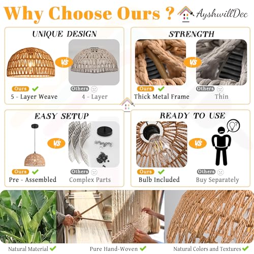 2 Pack Hemp Rope Woven Pendant Light Woven Light Fixture Boho Chandelier Light Fixture Wicker Pendant Lights Rattan Dome Wicker Chandelier for Dining Room Kitchen Island (Bulb Incl. - color: 12.2" Natural 2-Pack