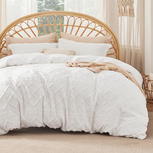 Bedsure Boho Duvet Cover King Size with Fitted Sheet - Boho Bedding Comforter Set, 4 Pieces, Includes 1 Duvet Cover 104"x90" with Zipper Closure, 2 Pillow Shams, 1 Fitted Sheet, White - color: 01 - White (No Comforter), size: King (With Fitted Sheet)