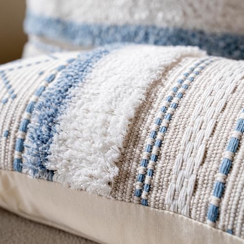 BlissBlush 20X20 Throw Pillow Cover, Coastal Blue Square Decorative Cushion Cover, Boho Accent Pillowcase with Tassels for Couch Sofa Living Room (Cover Only) - color: Blue, size: 20" x 20" (Pack of 1)