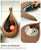 6 Pack Boho Wall Hanging Fruit Baskets, Kitchen Hanging Fruit Basket with 6 Pcs Hooks, Handwoven Teardrop Home Storage for Fruits, Vegetable, Potato
