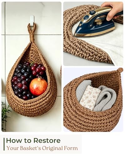 6 Pack Boho Wall Hanging Fruit Baskets, Kitchen Hanging Fruit Basket with 6 Pcs Hooks, Handwoven Teardrop Home Storage for Fruits, Vegetable, Potato