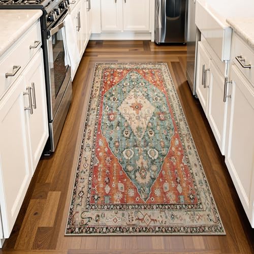 Lahome Boho Tribal 2x4.3 Washable Rug Runners for Hallways Non Slip, Kitchen Bathroom Entryway Carpet Runner, Bohemian Faux Wool Low-Pile Throw Doormat for Laundry Entrance (Rust/Dull Teal,2x4.3ft) - color: Geometric Tribal, size: 2' x 4'4" (Runner)