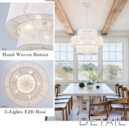 22" Farmhouse Rattan Chandeliers Large White Boho Light Fixtures for Dining Room Kitchen Island Living Room Foyer Hallway 5-Light - color: White, size: 22 Inch