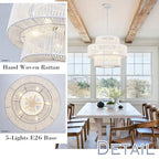 22" Farmhouse Rattan Chandeliers Large White Boho Light Fixtures for Dining Room Kitchen Island Living Room Foyer Hallway 5-Light - color: White, size: 22 Inch