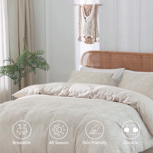 Duvet Cover, 3PCS Boho Duvet Cover Set, Geometric Pattern Tufted Bohemian Comforter Cover Jacquard Knit Textured Bedding Set with Zipper Closure (Light Kahki, Twin) - color: Light Kahki, size: Twin