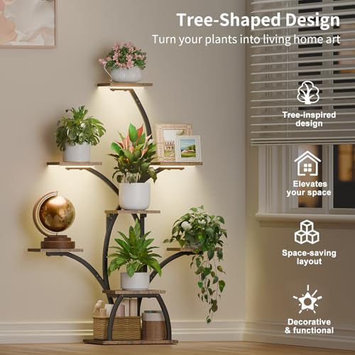 CODACE Plant Stand Indoor with Grow Lights, 6 Tiered Plant Shelf Indoor, 50" Corner Plant Stands for Indoor Plants, Lighted Tree-Shaped Plant Holder, Tall Flower Display Rack for Living Room - color: Black