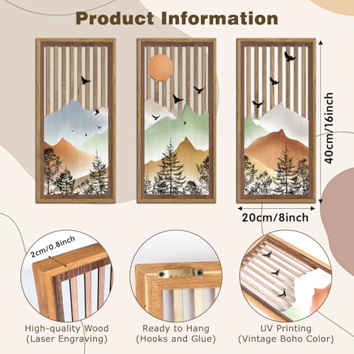 KAIRNE Mountain Landscape Wooden Wall Decor Set or 3(16”X8”) Framed,Boho Orange Wood Hanging Decor,Nature Bohemian Wall Art,Vintage Farmhouse Wooden Sign for Bedroom Living Room Office Decoration - color: Mountain, size: 8"L x 16"W