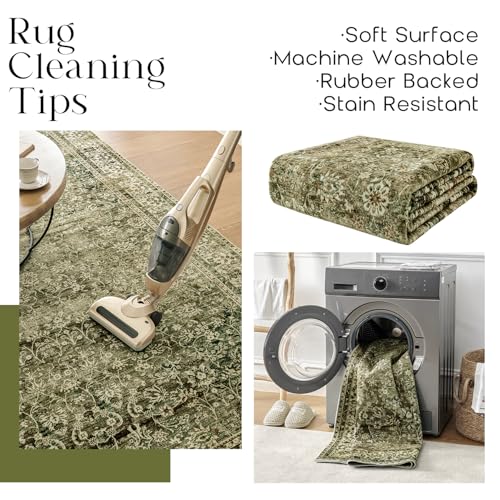Boho Washable Runner Rug for Kitchen,Non Slip Rubber Backing Non Skid Oriental Floral Vintage Long Carpet Runners for Hallway Entryway Indoor Doormat Bedroom,2x6 6ft,Moss Olive Green Beige - color: Olive&tan, size: 2' x 6' (Rectangular)