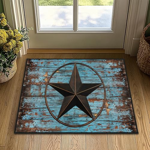 Western Rug 2x3 Washable Area Rugs,Barn Texas Star on Old Wooden Plank,Ultra-Thin Soft Rug Rustic Small Throw Carpet Vintage Floor Carpets Non Slip Indoor Door Mat for Entryway Bedroom Kitchen,Teal - size: 2'x3'