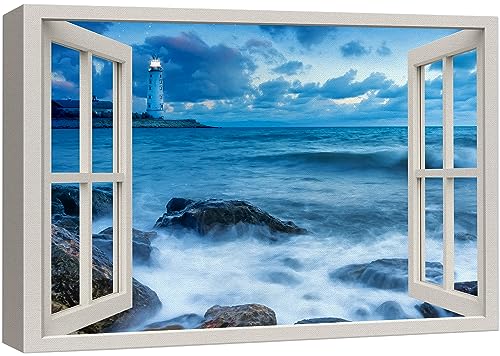 wall26 Canvas Print Wall Art Window View Navy Blue Ocean Waves Nautical Coastal Decor Nature Wilderness Photography Digital Art Realism Decorative Rustic Landscape Colorful for Bedroom - 12"x18" - color: A34-2307-slm05, size: 18"L x 12"W