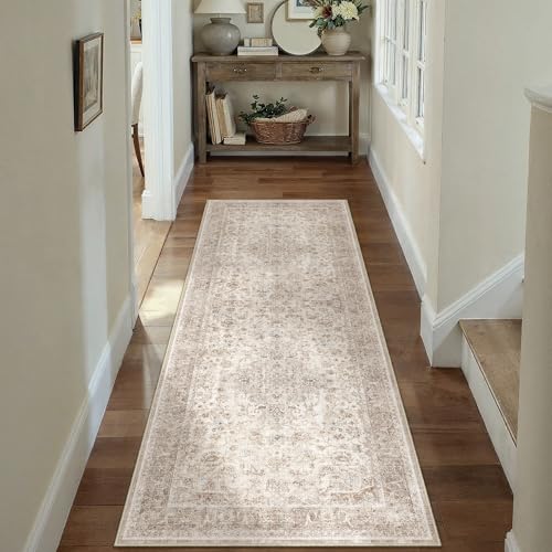 PureCozy Beige 2x6 Runner Rug Washable Hallway Vintage Carpet Low Pile Non Slip Distressed Soft Traditional Retro Oriental Long Accent Throw Rug for Kitchen Bedroom Laundry Bathroom Dining Room - color: Antique | Beige, size: 2' x 6' (Runner)