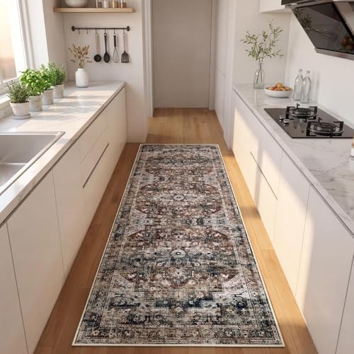 GarveeHome Washable Rug Runner 2x6 Vintage Runners for Hallways Non Slip Low Pile Long Rugs Stain Resistant Kitchen Rug Floral Soft Kitchen Rugs Carpet for Laundry Entryway Bedroom Brown - color: Brown, size: 2' x 6' (Rectangular)