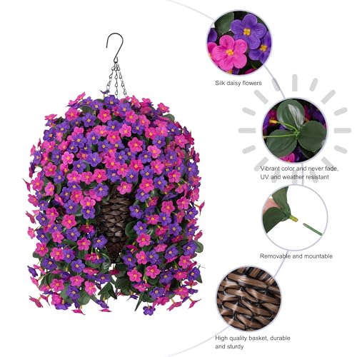 Artificial Flowers Baskets for Outdoor Decoration, Fake Hanging Plants Silk Dark Purple Fuchsia Daisy Mums Trailing Vines in Planter Realistic UV Resistant for Balcony Porch Decor - color: Fuchsia and Dark Purple