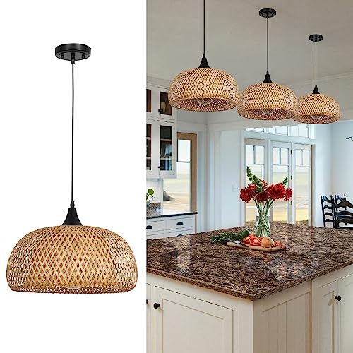Rustic Farmhouse Bamboo Pendant Light - 18 Inch Large Dome Handwoven Ceiling Mounted Bamboo Chandelier Shades, Coastal Beach Hanging Rattan Light Fixture for Kitchen, Dining, Living Room - size: 5514L
