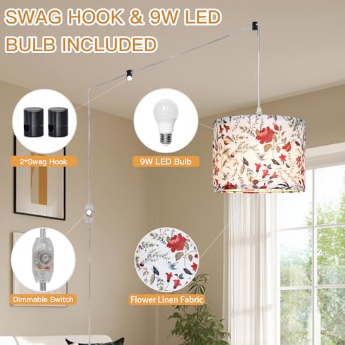 CINSARY Pendant Light with Flower Fabric Shade, Pendant Lights Kitchen Island with Dimmable Switch, Hanging Lamp with 15 ft Clear Cord, Hanging Lamp for Bedroom Dining Room Living Room (Bulb Included) - color: Flower-2