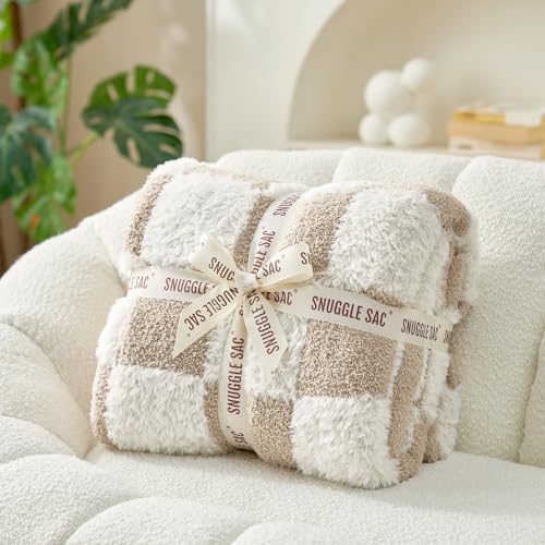 Snuggle Sac Checkered Throw Blanket Faux Fur Microfiber Blankets for Couch,Cozy Soft Warm Blanket for Sofa Bedroom Living Room,Beige Checker,50x60 inches - color: Beige White, size: Throw(50"x60")