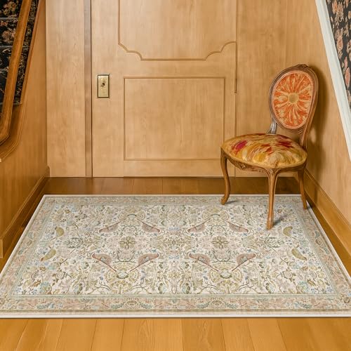 Beige 2x4 Washable Rug for Bathroom, Entryway Non Slip - Soft Low Pile Boho Small Throw Rugs for Kitchen, Powder Room - Unique Boho Bird Botanical Decorative Door Mats Stain Resistant - color: Beige, size: 2' x 4' (Rectangular)