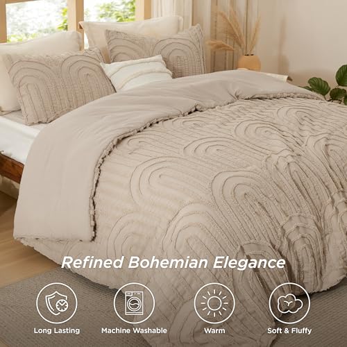 Bedsure Boho Tufted Khaki Comforter Set Queen Size, GentleSoft™ 3 Pieces Boho Farmhouse-Style Decor Bedding, Arch Bedding for All Seasons, 1 Bed Comforter, 2 Pillow Shams, 90x90 Inches - color: 02 - Arch Jacquard Khaki, size: Queen (90" x 90")