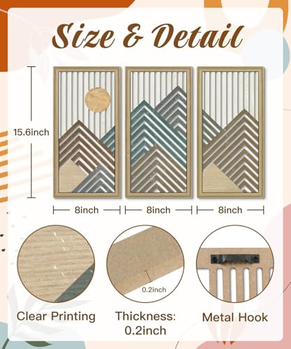 Putuo Decor Mountain Line Wall Art Set of 3, Modern Abstract Nature-Inspired Cut-Out Panels, MDF Wall Decor with Chevron Stripes and Sun Design for Living Room Bedroom Office - color: Primrose