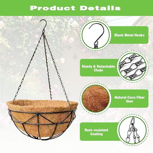 2 Pack 12 Inch Black Metal Hanging Basket Hanging Planter with Coco Coir Liner Heavy Duty Hanging Flower Pot Holder for Indoor Outdoor Patio Garden Porch Balcony Decor (Geometric) - color: Geometric