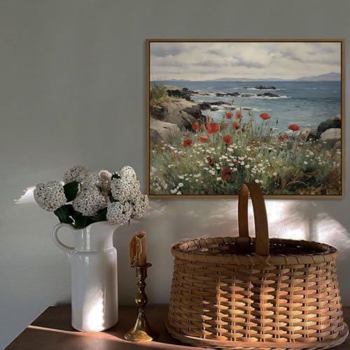 Nature Landscape Wall Art Floral Ocean Theme Pictures Wall Decor Red Poppy Canvas Prints Shoals Coastal Scenery Painting Framed for Living Room Bedroom Bathroom Home Office Decoration Gifts, 8x10 Inch - color: Floral Ocean, size: 10"L x 8"W