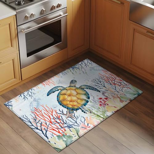 Sea Turtle 2x3 Small Rug for Entryway Kitchen Front Door,Vintage Watercolor Ocean Animals Colorful Corals Seaweed Blue Washable Throw Rug Absorbent Non-Slip Indoor Floor Mat for Kitchen Entrance Home - color: Blue, size: 2' x 3' (Rectangular)