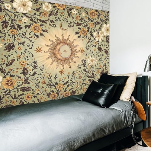 Riyidecor Boho Sun and Moon Tapestry 80Wx60H Inch Green Bohemian Retro Floral Flower Leaves Plant Botanical Vintage Hippie Rustic Wall Hanging Artistic Home Dorm Decor Art Living Room Bedroom - color: A-green, size: 60L" x 80W"