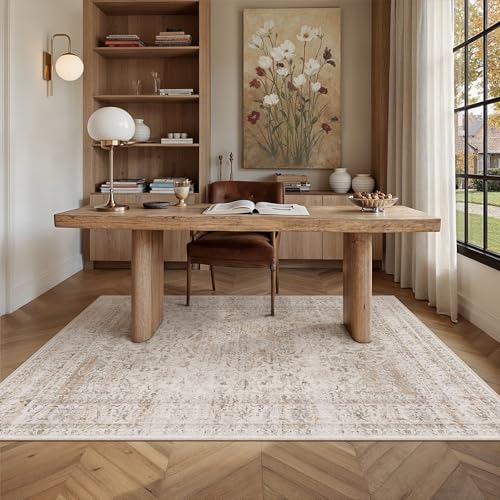 4x6 Washable Area Rug Beige Vintage Non Slip Soft Low Pile Rug for Entryway Kitchen Bathroom Distressed Oriental Throw Carpet for Living Room Bedroom Home Decor - color: Light Beige, size: 4' x 6' (Rectangular)