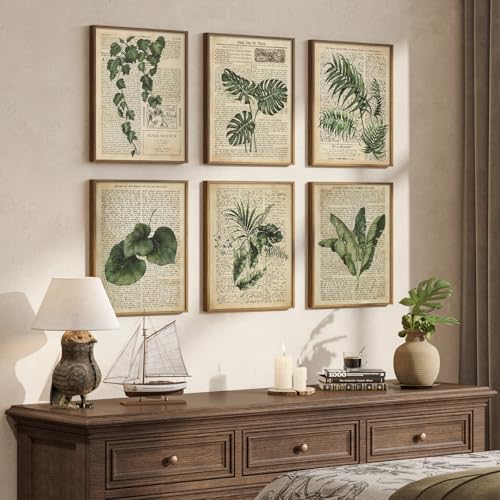 Framed Vintage Botanical Wall Art, Set of 6 Green Leaf and Fern Canvas Painting Prints, Rustic Farmhouse Plant Artwork for Living Room Bedroom Kitchen Dining Room Office Apartment Decor, 11x14 Inch - color: Retro Ferns - Walnut Framed, size: 11" W x 14" H