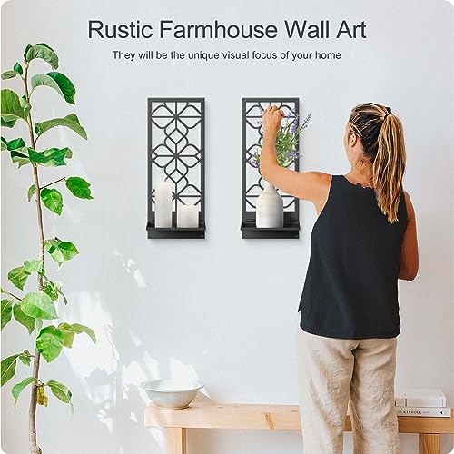 Black Metal Wall Candle Holder Set of 2, Boho Vintage Farmhouse Bathroom Wall Art, 3D Rustic Aesthetic Line Decor for Entryway, Hallway, Bedroom, Office, Living Room - Meaningful Gift (16.5 x 7 in) - color: Black