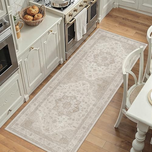 PureCozy Beige Area Rug 2x4 Washable Vintage Carpet Entryway Kitchen Soft Retro Low Pile Thin Door Mat Non Slip Oriental Medallion Throw Small Rug for Bathroom Office Bedroom Dining Room - color: Beige, size: 2' x 4' (Runner)