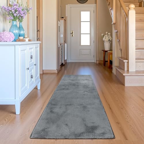 jinchan Solid Plush Runner Rug 2x6 Performance Shaggy Washable Hallway Rug Soft Modern Faux Wool Cozy Non Slip Carpet for Bedroom Laundry Room Living Room Kids Nursery Grey - color: Solid Grey, size: 2' x 6' (Runner)