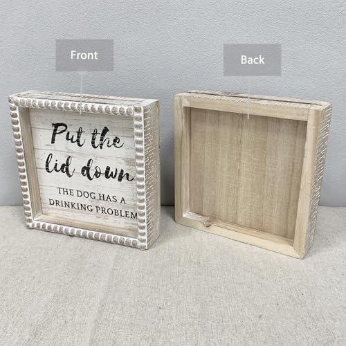 Boho Farmhouse Wooden Framed Bathroom Decor Signs, Funny Restroom Decorative Plaque Small Cute, Toilet Rules Shelf Decoration (Put the Lid Down the Dog Has A Drinking Problem) - color: Put the Lid Down the Dog Has A Drinking Problem