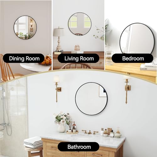 SCWF-GZ 20" Round Mirror Circle Wall Mounted Hanging or Against Wall Metal Frame Dressing Make-up Mirrors for Entryway Bedroom Bathroom Living Room 20 inch Black - color: Black, size: 20"L x 20"W