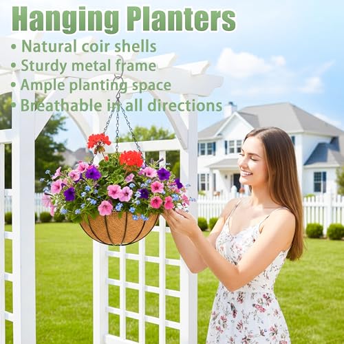 4 Pack 12 Inch Hanging Baskets for Plants Outdoor Metal Hanging Planters Round Hanging Flower Pots with Coco Coir Liner Plant Holder for Outdoor Patio Garden Balcony Decor - Watermelon - color: Watermelon