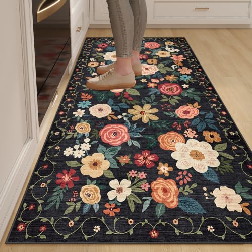 DUKINO 3x6 Runner Rug, Washable Soft Floral Hallway Runner Rug with Non Slip, Low Pile Thin Floor Carpet for Kitchen, Bathroom, Entryway, Laundry, Entryway, Black - color: Black, size: 3' x 6' (Rectangular)