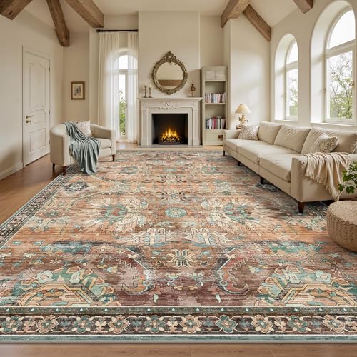 8x10 Area Rugs, Vintage Retro Soft Washable Rug, Non-Slip Low Pile Rugs for Living Room, Bedroom, Dining Room, Stain Resistant Home Decor Rug (Vintage Orange/Brick) - color: N-vintage Orange/Brick, size: 8x10
